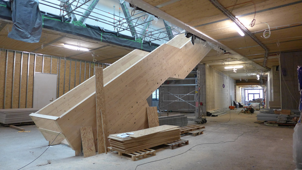 Die Holztreppe im Foyer wurde durch das Oberlicht im Dach an einem Stück eingehoben.