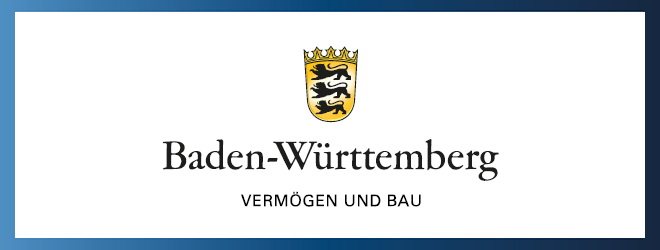 Wappen von Baden-Württemberg mit der Inschrift für Vermögen und Bau, mit Karriereverlinkung.