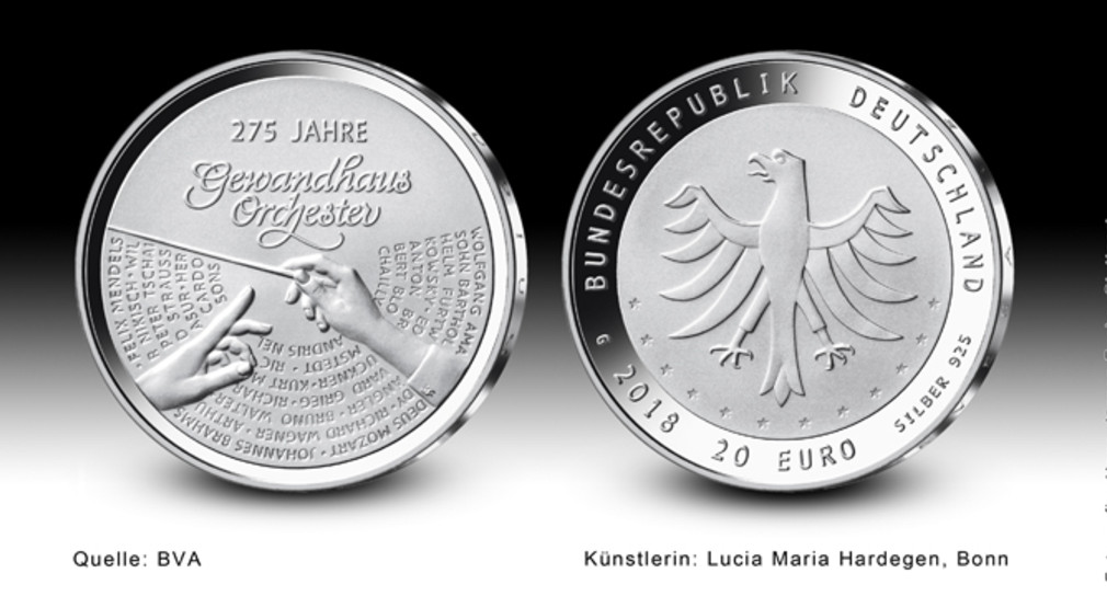 Vorder- und Rückseite der 20-Euro-Sammlermünze „275 Jahre Gewandhausorchester“ (Quelle: © BVA)