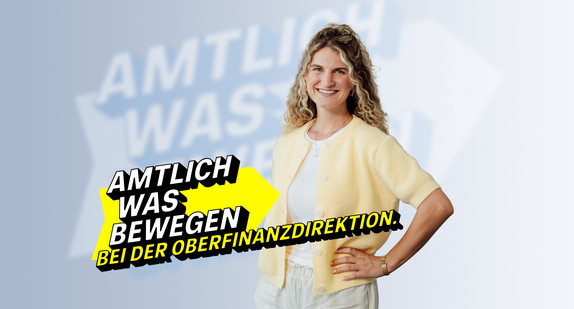 Lächelnde Frau im gelben Cardigan im Vordergrund, steht für Engagement bei der Oberfinanzdirektion.