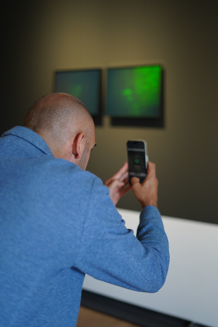 Minister Bayaz fotografiert die aktuelle Ausstellung in der Kunsthalle Würth