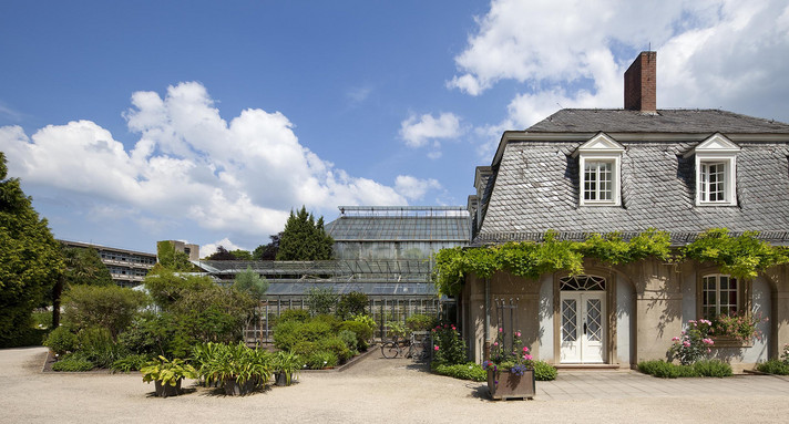Botanischer Garten Heidelberg mit Gewächshaus und bepflanzten Außenanlagen.