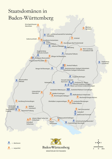 Eine Karte von Baden-Württemberg mit den eingezeichneten 55 Staatsdomänen. Eine Staatsdomäne ist ein größerer landwirtschaftlicher Besitz. 