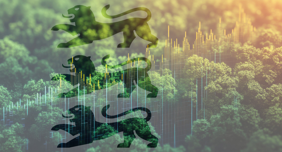 Grafik mit drei übereinanderliegenden, stilisierten Löwen – Symbol des Landes Baden-Württemberg – vor einem Hintergrund aus Waldlandschaft und abstrahierten Finanzdaten in Form von Kursdiagrammen.