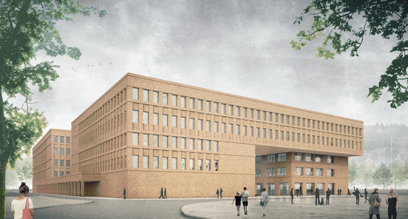 Visualisierung des künftigen Ersatzneubaus Campus Neue Weststadt der Hochschule Esslingen von außen.