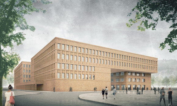 Visualisierung des künftigen Ersatzneubaus Campus Neue Weststadt der Hochschule Esslingen von außen.