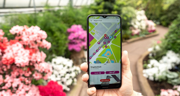 Smartphone mit der neuen Wilhelma App im Bildschirm, im Hintergrund ein Gewächshaus der Wilhelma
