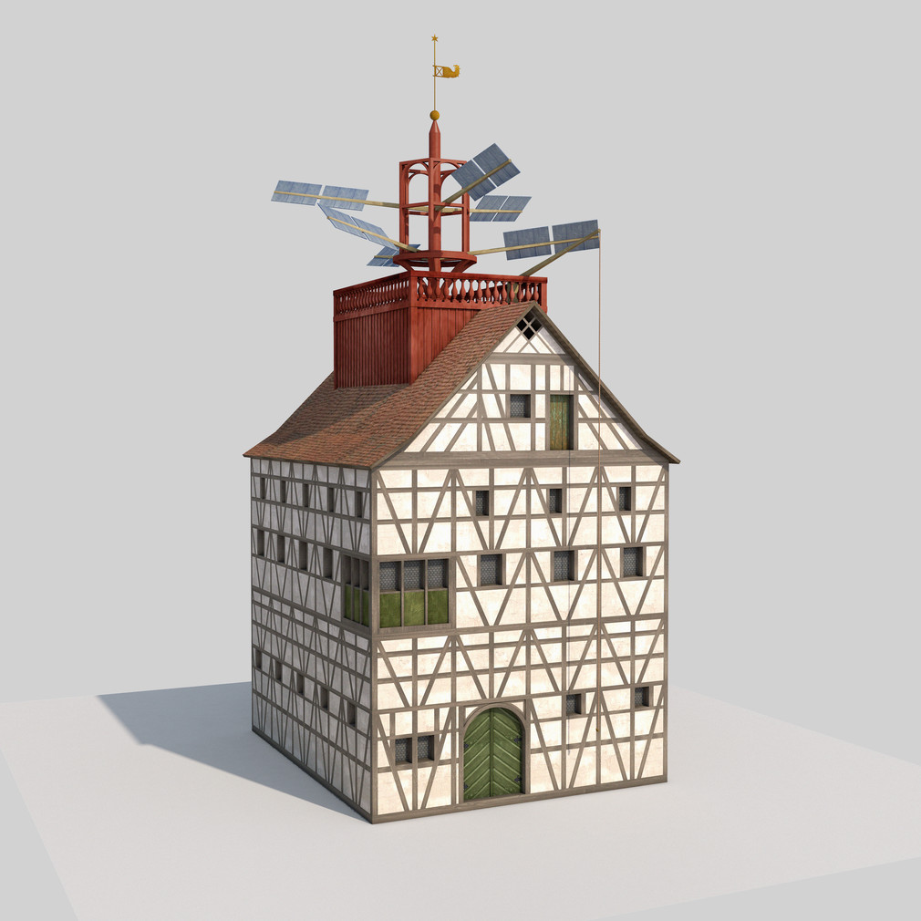 Virtuelle Rekonstruktion der Windmühle mit Horizontalflügeln, ca. 1630 / Quelle: Staatliche Schlösser und Gärten Baden-Württemberg / Prof. Dr. Julian Hanschke