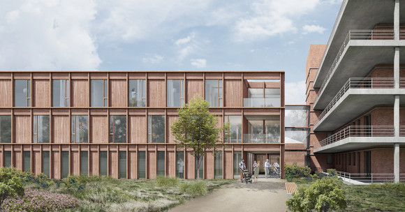 Rendering: Südansicht des entstehenden Holzbaus.