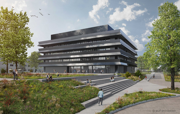 Vermögen und Bau Grundstein für den Neubau Chemie der Hochschule Reutlingen gelegt Grundsteinlegung Ersatzbau Chemie Hochschule Reutlingen Außenperspektive
