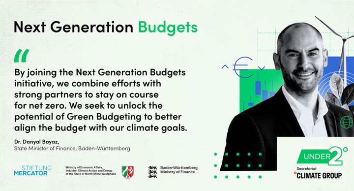 Collage für das Next Generation Budget Projekt mit Baden-Württembergs Finanzminister Danyal Bayaz. Zitat: By joining the Next Generation Budgets initiative, we combine efforts with strong partners to stay on course for net zero. We seek to unlock the potential of Green Budgeting to better align the budget with our climate goals.