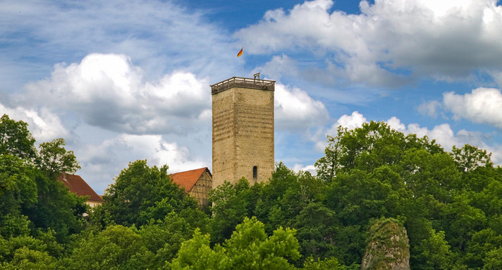 Burgruine Reichenstein mit erhaltenem Bergfried auf einem bewaldeten Hügel.